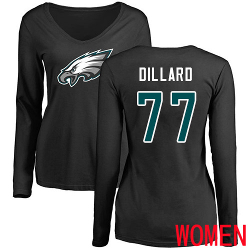 Women Philadelphia Eagles #77 Andre Dillard Black Name and Number Logo Slim Fit Long Sleeve NFL T Shirt.->nfl t-shirts->Sports Accessory